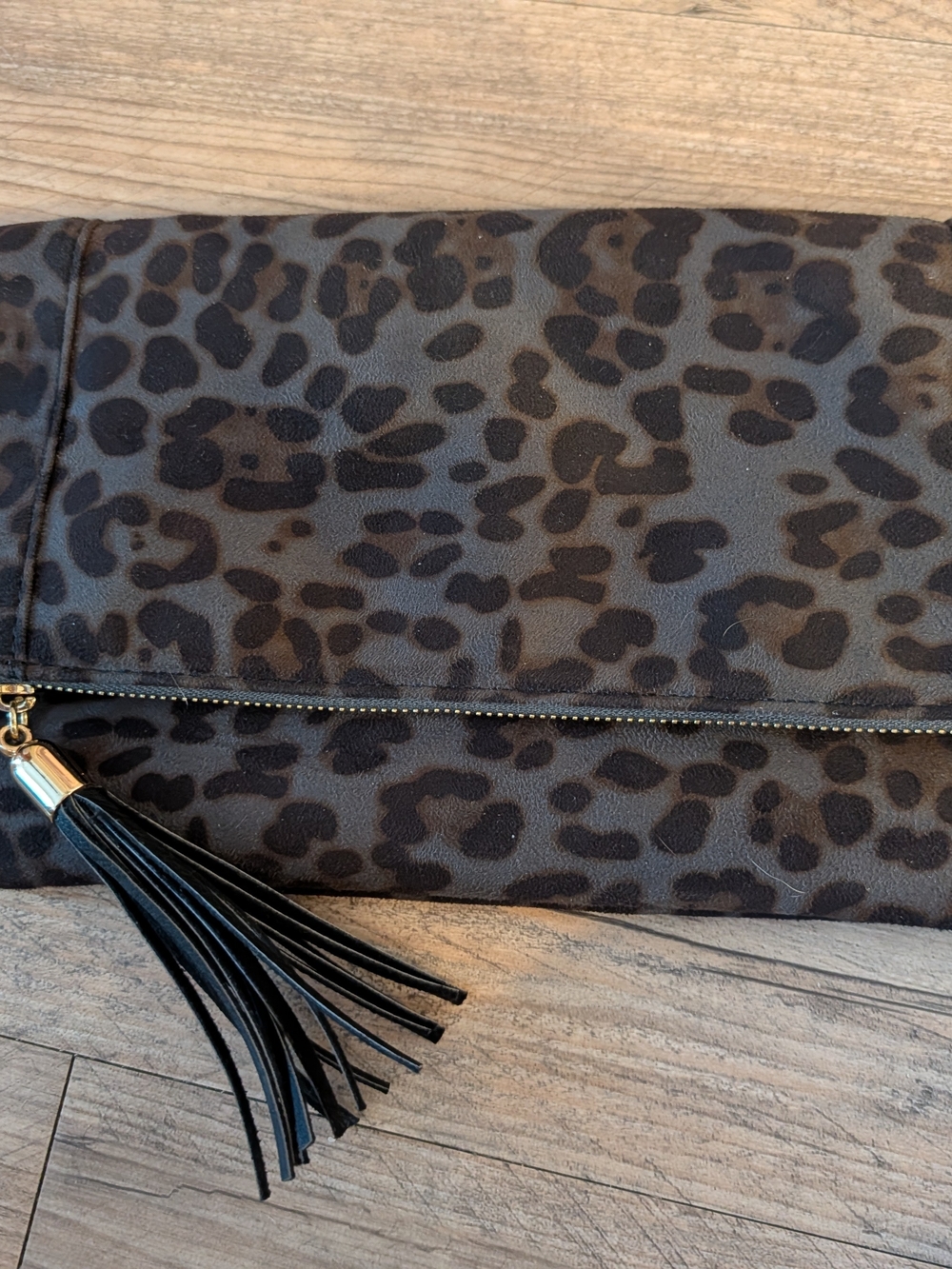 Leopard Print Fold-Over Clutch with Tassel - Brown/Black